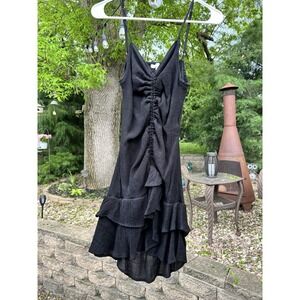 Love Tree Black Ruched Ruffle Mini Dress L Cutout Back Cottagecore Boho Chic EUC